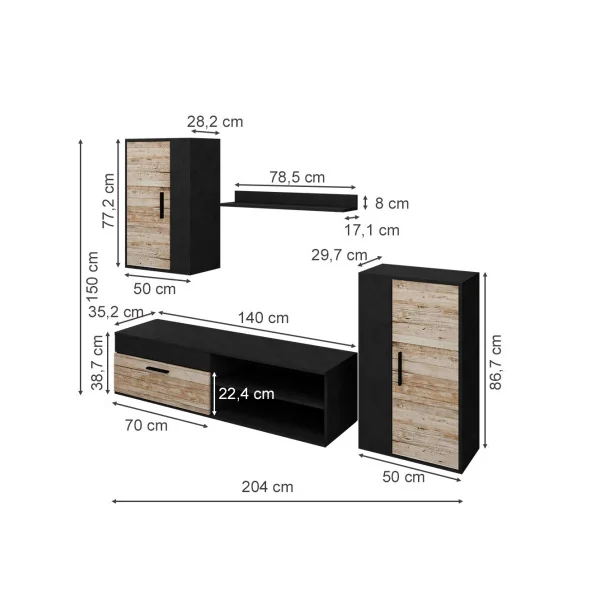 Ensemble Meuble TV Anthracite et Bois Flotté Meuble Télévision Moderne Meuble Télé avec Etagère Placard