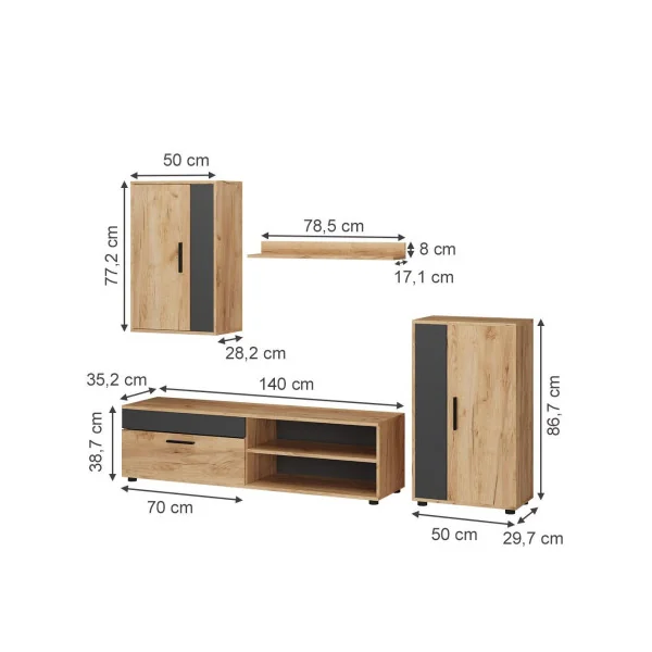 Ensemble Meuble TV Anthracite et Chêne Meuble Télévision Moderne Meuble Télé avec Etagère Placard