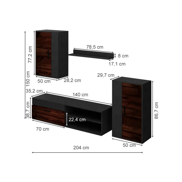 Ensemble Meuble TV Anthracite Marron Meuble Télévision Moderne Meuble Télé avec Etagère Placard