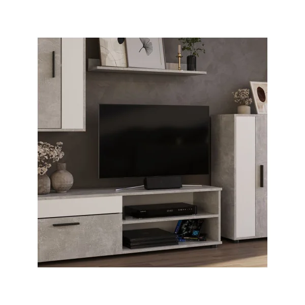 Ensemble Meuble TV Blanc et Gris Béton Meuble Télévision Moderne Meuble Télé avec Etagère Placard
