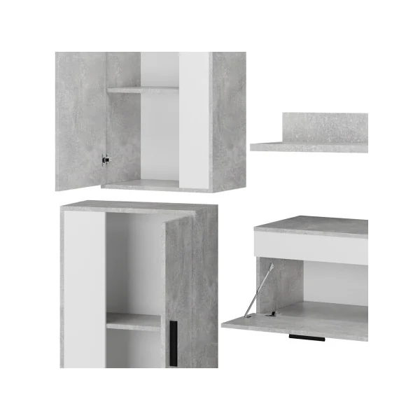 Ensemble Meuble TV Blanc et Gris Béton Meuble Télévision Moderne Meuble Télé avec Etagère Placard