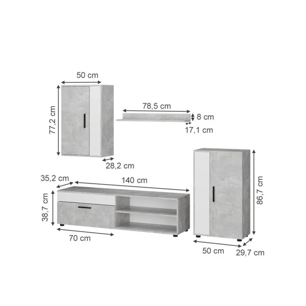 Ensemble Meuble TV Blanc et Gris Béton Meuble Télévision Moderne Meuble Télé avec Etagère Placard