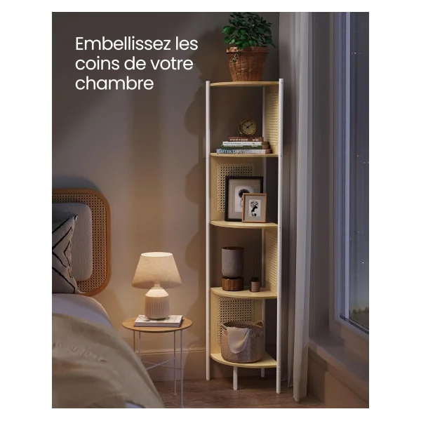 Etagère Angle 5 Niveaux Métal Blanc et Rotin Bibliothèque Design Meuble Rangement Livres