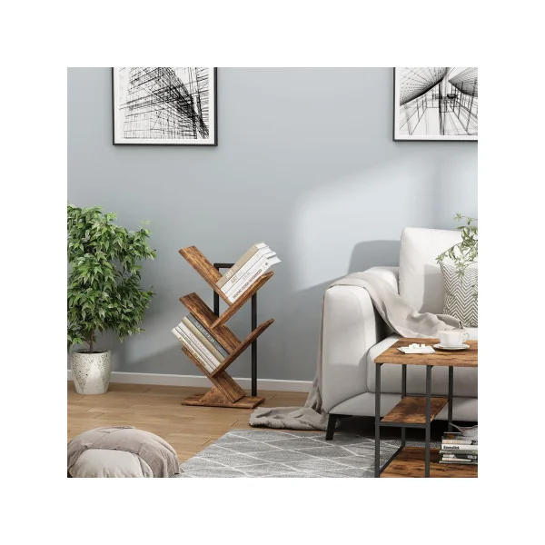 Etagère Industrielle Branche d'Arbre 71 cm Bibliothèque Industrielle Cadre Acier et Bois Brun Rustique