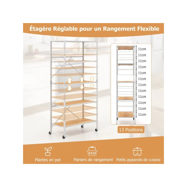 Etagère Pliable de Cuisine 5 Niveaux Étagères Réglables en Hauteur Support de Rangement Roulant