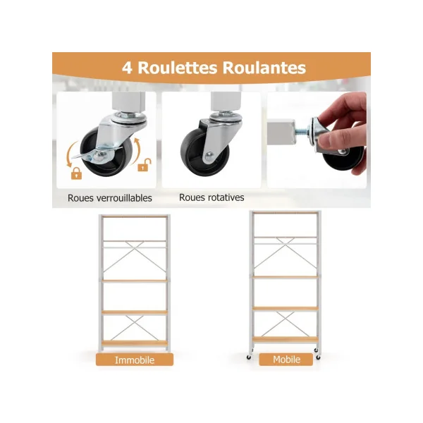 Etagère Pliable de Cuisine 5 Niveaux Étagères Réglables en Hauteur Support de Rangement Roulant