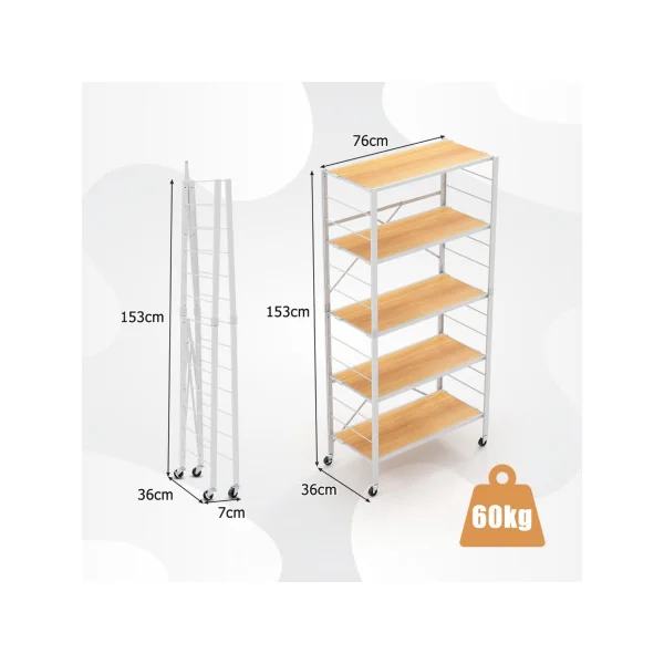 Etagère Pliable de Cuisine 5 Niveaux Étagères Réglables en Hauteur Support de Rangement Roulant