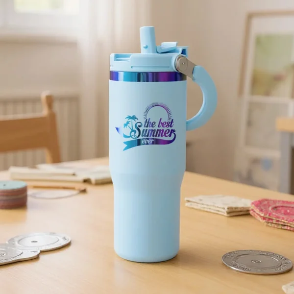 Gobelet en acier inoxydable bleu pastel à irisé avec poignée et paille (0,89 L)