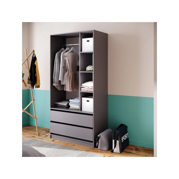Grande Armoire Anthracite Penderie Ouverte 2 Tiroirs 4 Compartiments Ouverts