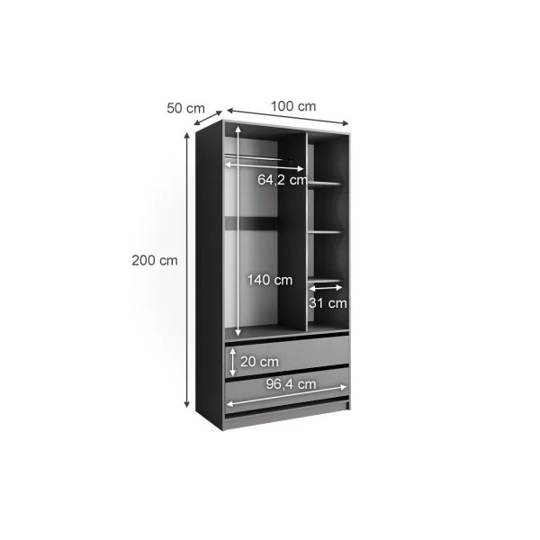 Grande Armoire Anthracite Penderie Ouverte 2 Tiroirs 4 Compartiments Ouverts