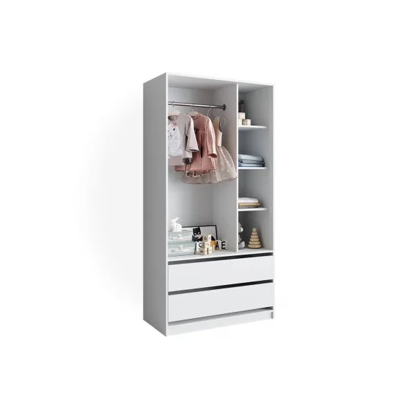 Grande Armoire Blanche Penderie Ouverte 2 Tiroirs 4 Compartiments Ouverts