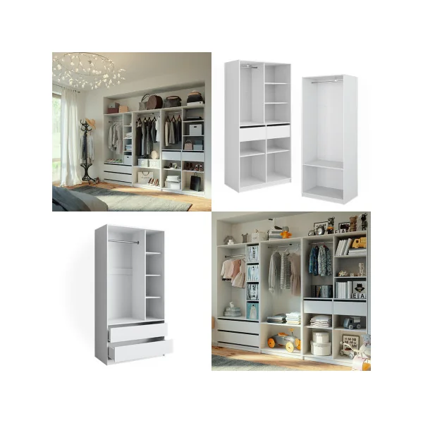 Grande Armoire GEANTE Blanche 3 Penderies Ouvertes 4 Tiroirs 12 Compartiments Ouverts