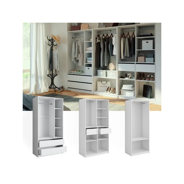 Grande Armoire GEANTE Blanche 3 Penderies Ouvertes 4 Tiroirs 12 Compartiments Ouverts