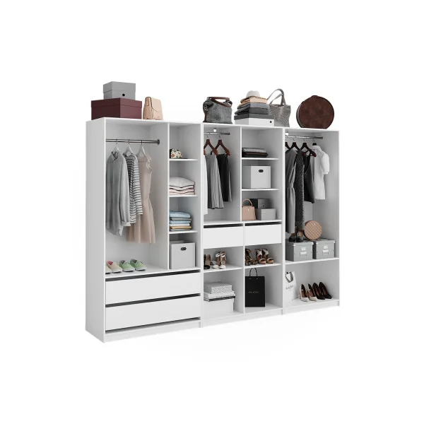 Grande Armoire GEANTE Blanche 3 Penderies Ouvertes 4 Tiroirs 12 Compartiments Ouverts