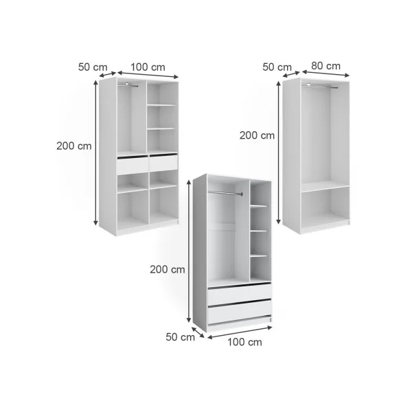 Grande Armoire GEANTE Blanche 3 Penderies Ouvertes 4 Tiroirs 12 Compartiments Ouverts