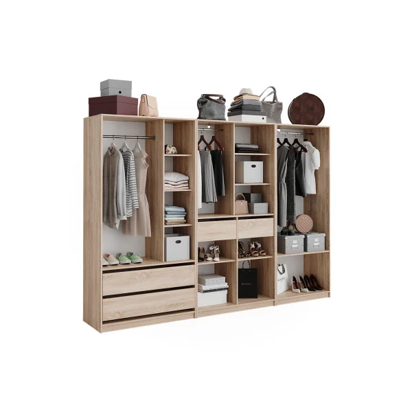 Grande Armoire GEANTE Chêne 3 Penderies Ouvertes 4 Tiroirs 12 Compartiments Ouverts
