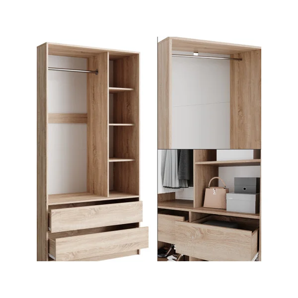 Grande Armoire GEANTE Chêne 3 Penderies Ouvertes 4 Tiroirs 12 Compartiments Ouverts