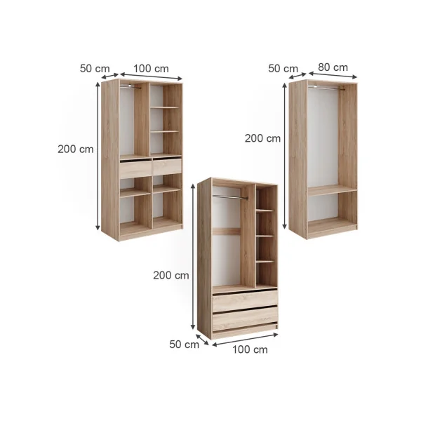 Grande Armoire GEANTE Chêne 3 Penderies Ouvertes 4 Tiroirs 12 Compartiments Ouverts
