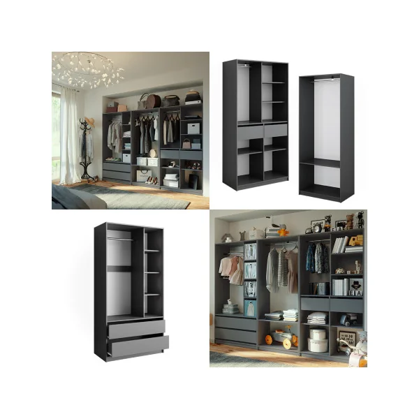 Grande Armoire GEANTE Grise 3 Penderies Ouvertes 4 Tiroirs 12 Compartiments Ouverts