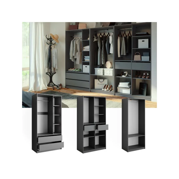 Grande Armoire GEANTE Grise 3 Penderies Ouvertes 4 Tiroirs 12 Compartiments Ouverts