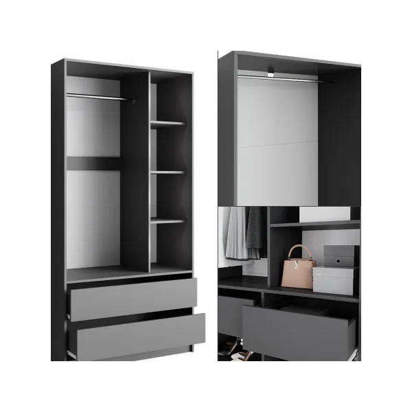 Grande Armoire GEANTE Grise 3 Penderies Ouvertes 4 Tiroirs 12 Compartiments Ouverts