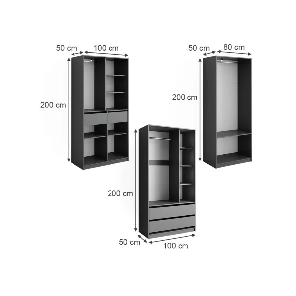 Grande Armoire GEANTE Grise 3 Penderies Ouvertes 4 Tiroirs 12 Compartiments Ouverts