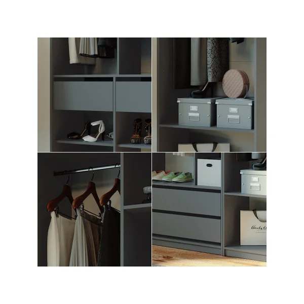 Grande Armoire GEANTE Grise 3 Penderies Ouvertes 4 Tiroirs 12 Compartiments Ouverts
