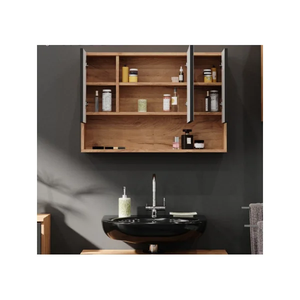 Grande Armoire Salle de Bain Chêne Anthracite avec Miroir Armoire avec Rangement Meuble Miroir Salle de Bain