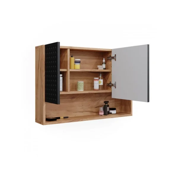 Grande Armoire Salle de Bain Chêne Anthracite avec Miroir Armoire avec Rangement Meuble Miroir Salle de Bain