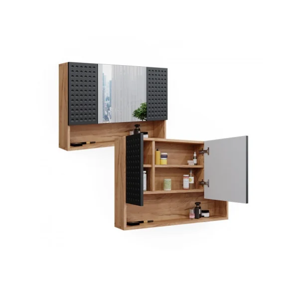 Grande Armoire Salle de Bain Chêne Anthracite avec Miroir Armoire avec Rangement Meuble Miroir Salle de Bain