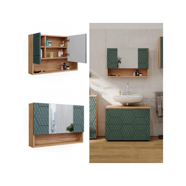 Grande Armoire Salle de Bain Chêne Vert avec Miroir Armoire avec Rangement Meuble Miroir Salle de Bain
