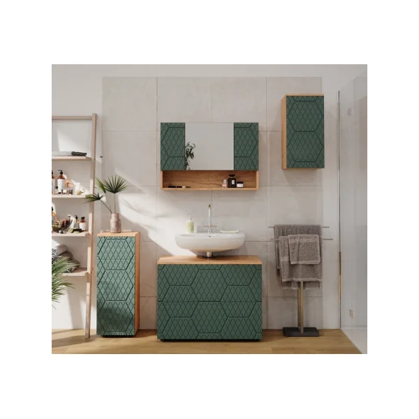 Grande Armoire Salle de Bain Chêne Vert avec Miroir Armoire avec Rangement Meuble Miroir Salle de Bain