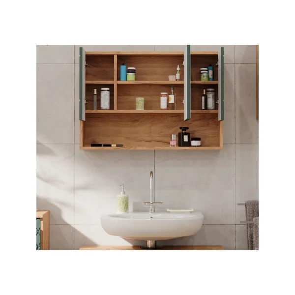 Grande Armoire Salle de Bain Chêne Vert avec Miroir Armoire avec Rangement Meuble Miroir Salle de Bain