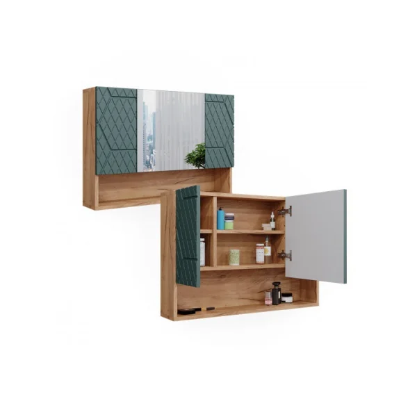 Grande Armoire Salle de Bain Chêne Vert avec Miroir Armoire avec Rangement Meuble Miroir Salle de Bain