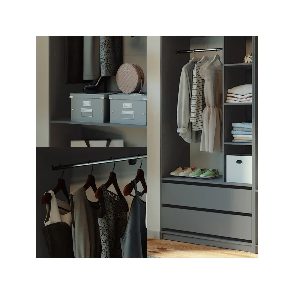 Grande Armoire XXL Anthracite 2 Penderies Ouvertes 2 Tiroirs 5 Compartiments Ouverts