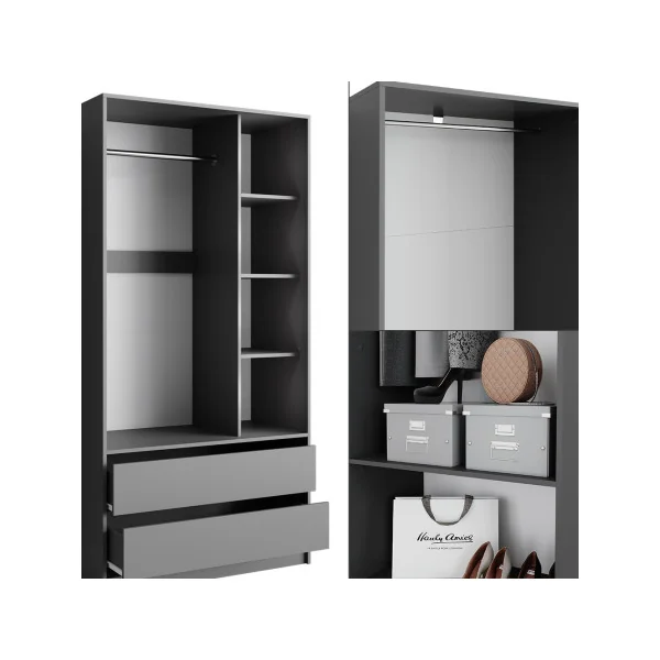 Grande Armoire XXL Anthracite 2 Penderies Ouvertes 2 Tiroirs 5 Compartiments Ouverts