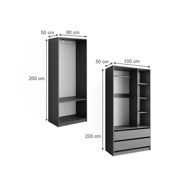 Grande Armoire XXL Anthracite 2 Penderies Ouvertes 2 Tiroirs 5 Compartiments Ouverts