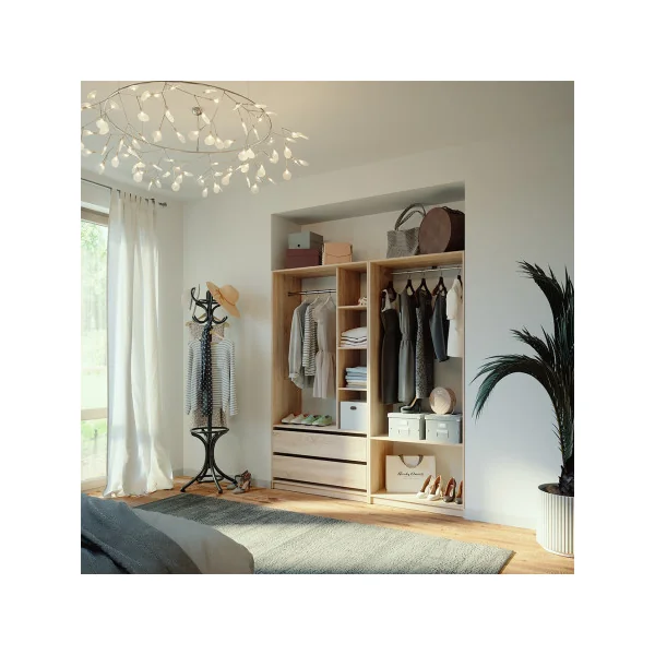 Grande Armoire XXL Chêne 2 Penderies Ouvertes 2 Tiroirs 5 Compartiments Ouverts