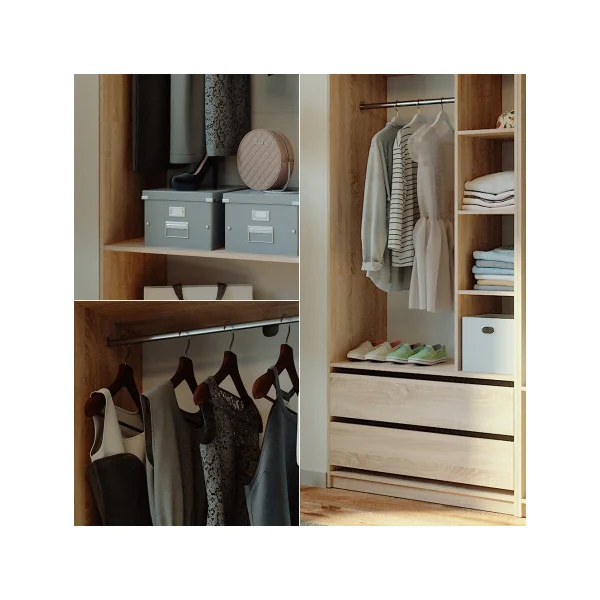 Grande Armoire XXL Chêne 2 Penderies Ouvertes 2 Tiroirs 5 Compartiments Ouverts