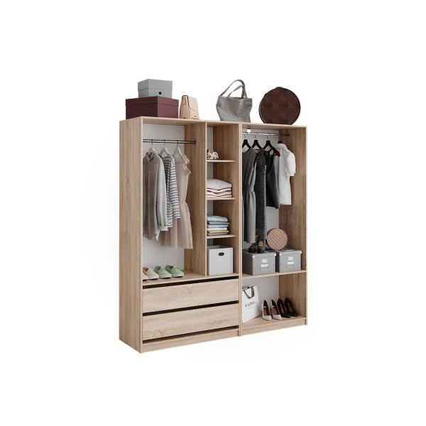 Grande Armoire XXL Chêne 2 Penderies Ouvertes 2 Tiroirs 5 Compartiments Ouverts