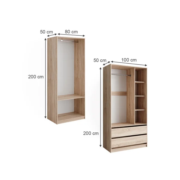 Grande Armoire XXL Chêne 2 Penderies Ouvertes 2 Tiroirs 5 Compartiments Ouverts