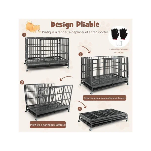 Grande Cage Chien à Barreaux Pliable Cage Intérieur XXL en Métal