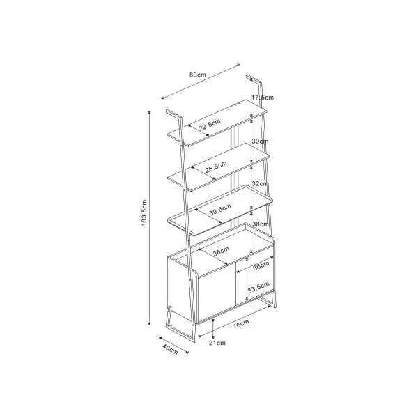 Grande Étagère Echelle Noir Bois et Acier 4 niveaux avec Placard Etagère de Rangement Ouverte Moderne