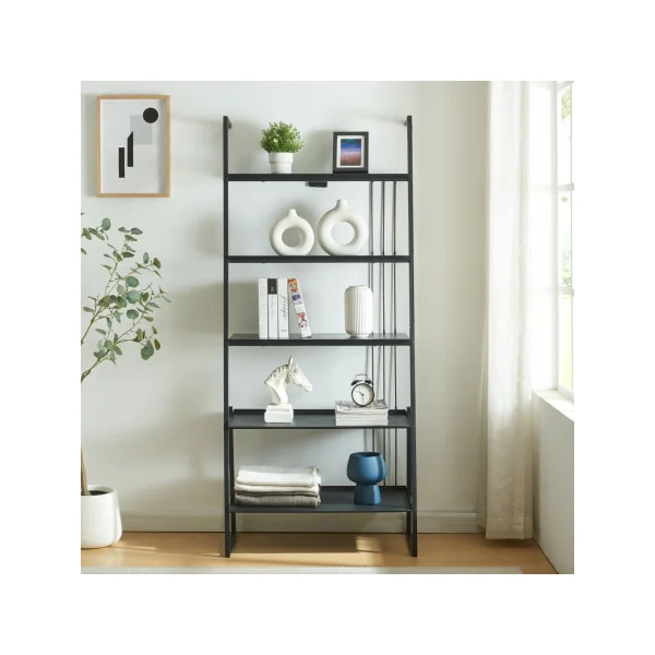 Grande Étagère Echelle Noir Bois et Acier 5 niveaux Etagère de Rangement Ouverte Moderne