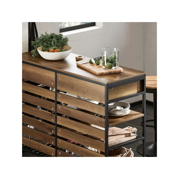 Ilot Central de Cuisine 120 cm 2 Tiroirs avec Rangements Grand Plan de Travail Ilot Cuisine Noir et Bois