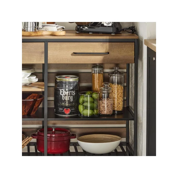 Ilot Central de Cuisine 120 cm 2 Tiroirs avec Rangements Grand Plan de Travail Ilot Cuisine Noir et Bois