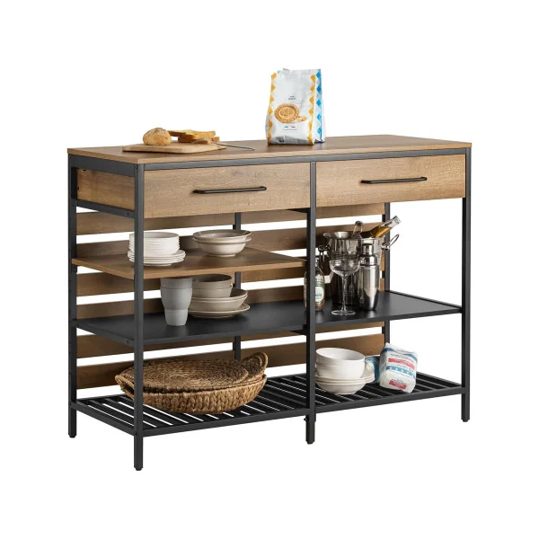 Ilot Central de Cuisine 120 cm 2 Tiroirs avec Rangements Grand Plan de Travail Ilot Cuisine Noir et Bois