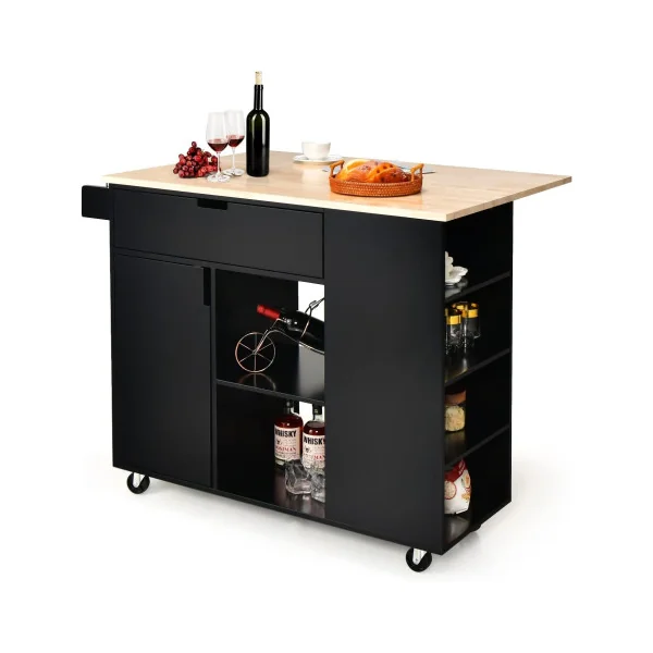Ilot Central de Cuisine 124 cm avec Rangements Grand Plan de Travail Ilot Cuisine Noir et Bois
