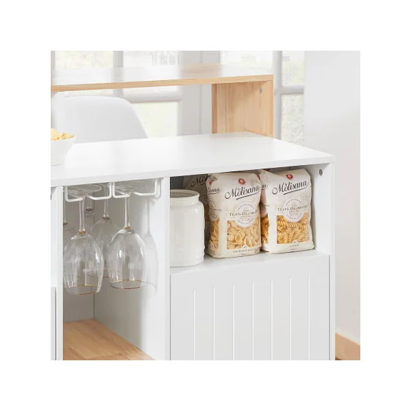 Ilot Central de Cuisine Blanc et Bois avec Rangements Plan de Travail Ilot cuisine Porte Bouteille
