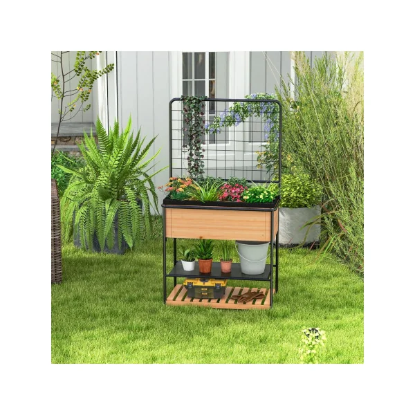 Jardinière Surélevé en Bois avec Treillis Étagère à 2 Niveaux Cadre en Métal Séparateur Amovible à 8 Grilles